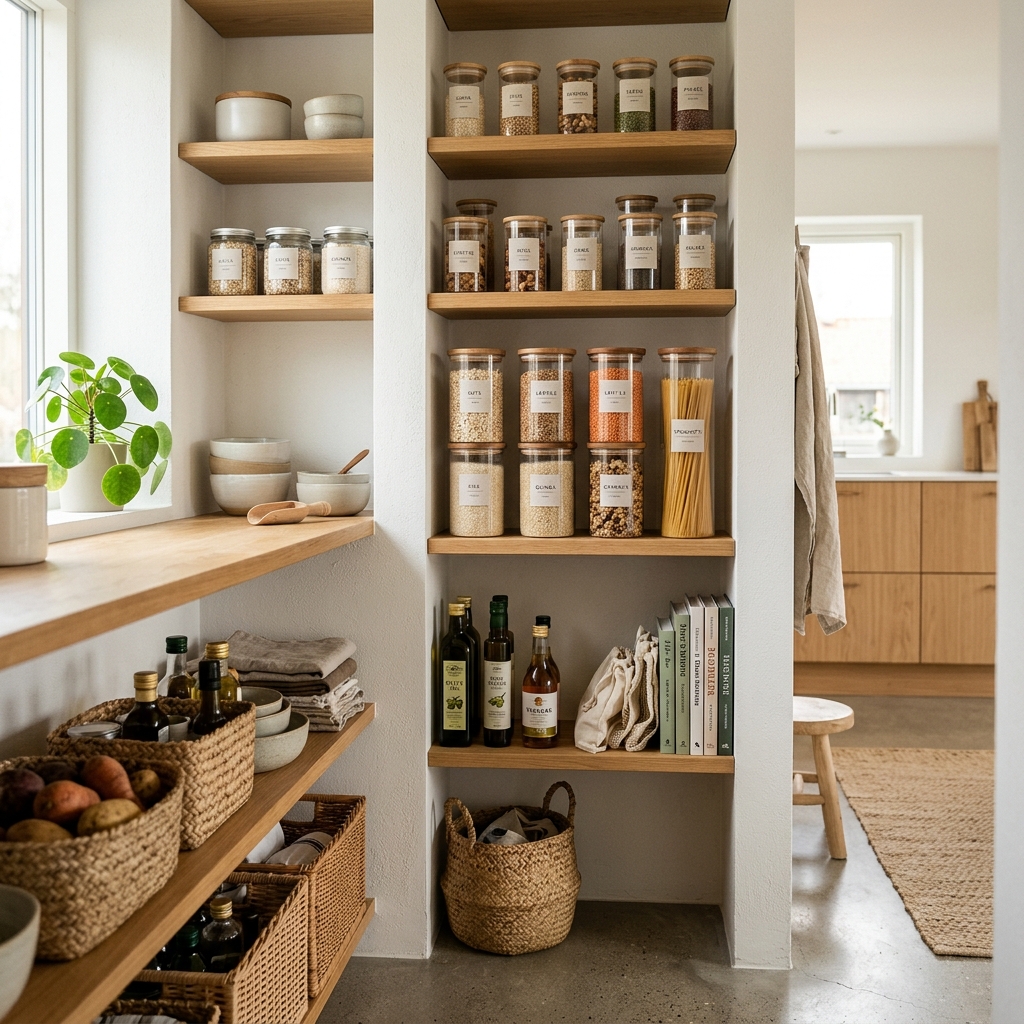 Sleek, organized pantry shelves demonstrating household safety