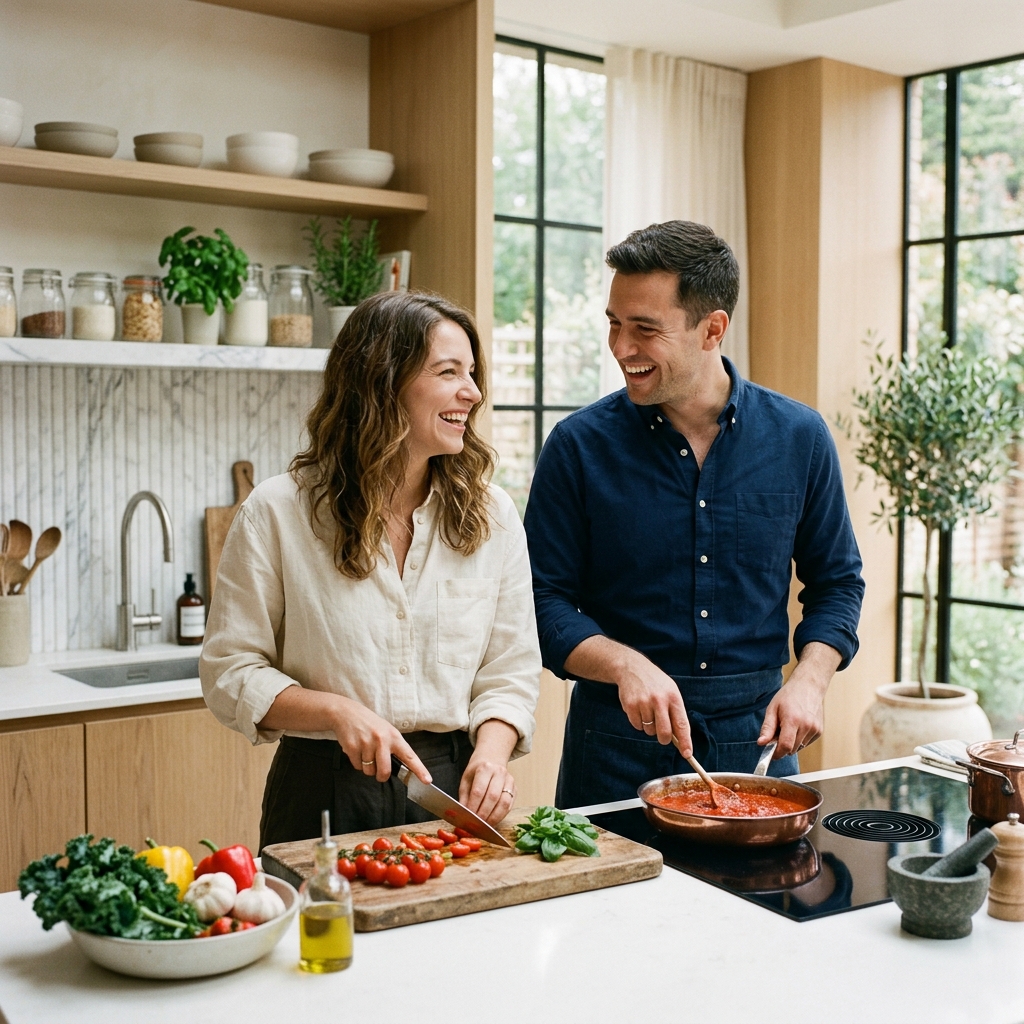 Family cooking together in modern kitchen